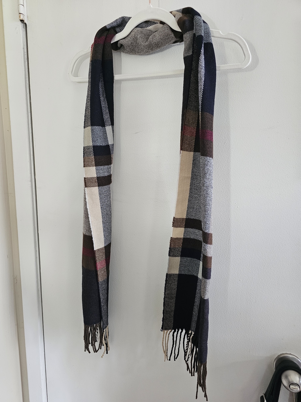 Plaid Wool-Blend Fringe Scarf in Navy, Cream & Brown - Picture 2 of 3